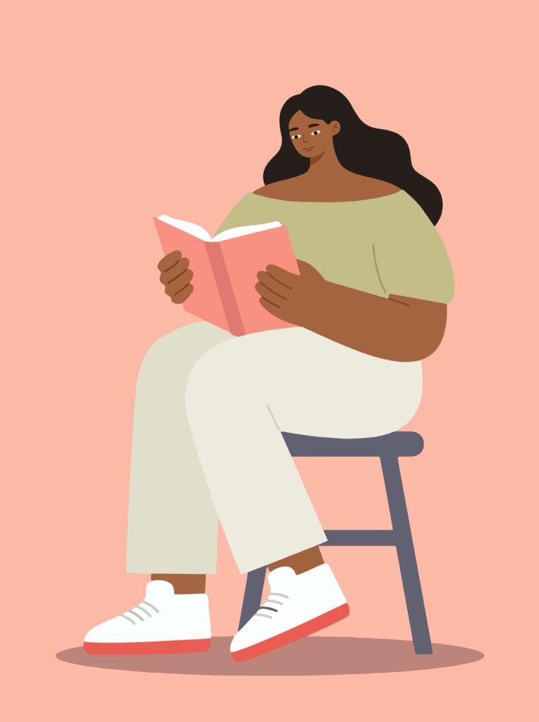 Illustration d'une femme qui lit sur un tabouret. Fond rose.